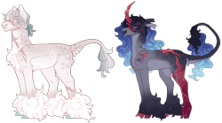 Size: 5078x2817 | Tagged: safe, artist:sleepy-nova, oc, oc only, oc:grand smith, unnamed oc, classical unicorn, earth pony, pony, unicorn, g4, blank flank, blue eyes, blue sclera, body fluff, butt fluff, cheek fluff, chest fluff, chin fluff, cloven hooves, coat markings, colored belly, colored eyebrows, colored eyelashes, colored hooves, colored horn, colored pinnae, colored sclera, commission, cracked hooves, crystal, crystal hooves, crystal horn, curly mane, curly tail, curved horn, duo, duo male, earth pony oc, eyebrows, eyebrows visible through hair, facial markings, facial scar, fangs, floppy ears, fluffy, frown, gradient ears, gradient legs, gradient mane, gradient tail, gray coat, green eyes, green hooves, hair tie, high res, hooves, horn, lacrimal caruncle, leg markings, leg scar, leonine tail, long fetlocks, long horn, long mane, long mane male, long tail, looking back, magical lesbian spawn, male, male oc, mealy mouth (coat marking), multicolored mane, multicolored tail, neck fluff, neck scar, no pupils, offspring, pale belly, parent:king sombra, parent:stygian, parents:shiningmac, parents:somgian, physique difference, profile, red hooves, scar, shiny horn, simple background, slit pupils, snip (coat marking), socks (coat markings), spots, stallion, stallion oc, tail, tail fluff, tail markings, tall ears, tan coat, thick neck, tied mane, transparent background, unicorn oc, unshorn fetlocks, wall of tags, wavy mane, wavy tail, white eyelashes