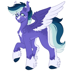 Size: 1000x1000 | Tagged: safe, artist:kazmuun, oc, oc only, oc:stardust trail, pegasus, pony, blank flank, blaze (coat marking), blue eyelashes, blue eyes, blue hooves, blush lines, blushing, chest marking, coat markings, colored belly, colored ears, colored eartips, colored hooves, colored lineart, colored pinnae, colored wings, colored wingtips, commission, countershading, ear fluff, eyebrows, eyebrows visible through hair, eyelashes, facial markings, feathered fetlocks, female, female oc, freckles, hock fluff, hooves, leg fluff, leg markings, mare, mare oc, multicolored ears, oc redesign, pale belly, pegasus oc, purple coat, raised hoof, signature, simple background, smiling, snip (coat marking), socks (coat markings), solo, spots, spread wings, standing on three hooves, three quarter view, three toned mane, three toned tail, transparent background, two toned wings, white pupils, white wingtips, wings