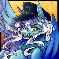 Size: 1000x1000 | Tagged: safe, artist:legendaryshadee, oc, oc only, oc:captain ice, pegasus, pony, female, gradient background, hat, knife, mare, mouth hold, solo