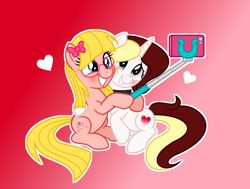 Size: 1474x1113 | Tagged: safe, artist:darbypop1, oc, oc only, oc:destiny blood, oc:peach sweetheart, earth pony, pony, unicorn, blushing, cellphone, duo, duo female, female, glasses, gradient background, horn, mare, phone, selfie stick