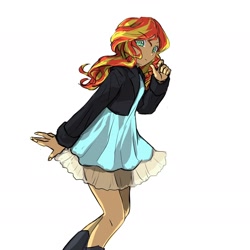 Size: 2000x1996 | Tagged: safe, artist:dusknebula, sunset shimmer, human, equestria girls, g4, clothes, eyebrows, eyebrows visible through hair, female, jacket, looking at you, simple background, skirt, solo, white background