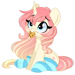 Size: 1593x1611 | Tagged: safe, artist:emberslament, oc, oc only, oc:radiant soirée, pony, blushing, clothes, cookie, cute, female, food, gradient mane, heart, heart eyes, looking up, mare, simple background, sitting, socks, striped socks, transparent background, weapons-grade cute, wingding eyes