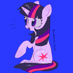 Size: 4096x4096 | Tagged: safe, artist:metaruscarlet, twilight sparkle, pony, unicorn, g4, blue background, female, horn, mare, open mouth, raised hoof, simple background, sitting, solo, teeth, unicorn twilight