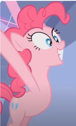 Size: 368x615 | Tagged: safe, screencap, pinkie pie, earth pony, pony, baby cakes, g4, bipedal, cropped, female, indoors, smiling, solo, sugarcube corner