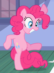 Size: 330x450 | Tagged: safe, screencap, pinkie pie, earth pony, pony, baby cakes, g4, bipedal, cropped, female, indoors, solo, sugarcube corner