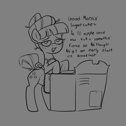 Size: 1155x1155 | Tagged: safe, artist:anonymous, applejack, g4, alternate hairstyle, apron, bipedal, bipedal leaning, bun, clothes, cooking, drawthread, female, gray background, leaning, lineart, mare, monochrome, open mouth, open smile, pan, preggo jack, pregnant, requested art, simple background, smiling, solo, stove, tail, tail bun, talking to viewer