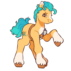 Size: 2048x2046 | Tagged: safe, artist:cocopudu, part of a set, hitch trailblazer, earth pony, pony, g2, g5, belt, blaze (coat marking), coat markings, colored eartips, commission, facial markings, g5 to g2, generation leap, male, raised hoof, sash, signature, simple background, smiling, smiling at you, socks (coat markings), solo, stallion, starry eyes, tail, unshorn fetlocks, white background, wingding eyes