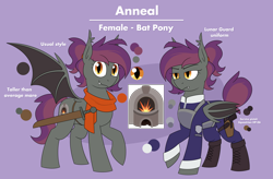 Size: 4180x2736 | Tagged: safe, artist:moonatik, oc, oc only, oc:anneal, bat pony, pony, bat pony oc, boots, clothes, female, mare, military uniform, ponytail, reference sheet, scabbard, shoes, solo, sword, tail, tail bun, uniform, weapon