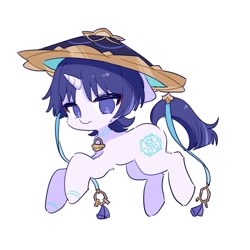 Size: 1000x1000 | Tagged: safe, alternate character, alternate version, artist:xinjinjumin9188073, pony, unicorn, genshin impact, hat, horn, male, no pupils, ponified, simple background, solo, stallion, wanderer (genshin impact), white background