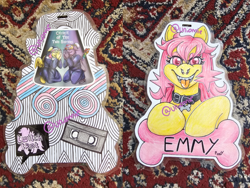 Size: 1024x768 | Tagged: safe, artist:uniomie, oc, oc only, dog, earth pony, pony, g4, g5, badge, collar, convention, female, mare, pink eyes, pink hair, pony oc, puppy, tongue out, traditional art, twitch, yellow coat