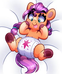 Size: 3350x4000 | Tagged: safe, artist:duckie, sunny starscout, earth pony, pony, g5, braid, braided ponytail, cross-eyed, cutie mark diapers, diaper, eyebrows, eyebrows visible through hair, foal, frog (hoof), implied tail hole, leg in air, lying down, non-baby in diaper, on back, ponytail, raised eyebrows, silly, silly face, silly pony, solo, tongue out, twilight sparkle's cutie mark, underhoof, unshorn fetlocks