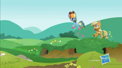 Size: 1164x652 | Tagged: safe, screencap, applejack, rainbow dash, g4, duo, duo female, female, grass, grass field, hasbro, hasbro logo, logo, sky