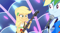 Size: 1156x646 | Tagged: safe, applejack, rainbow dash, equestria girls, equestria girls specials, g4, my little pony equestria girls: spring breakdown, bare shoulders, blushing, green blush, guitar, light, microphone, musical instrument, sea sickness, sleeveless