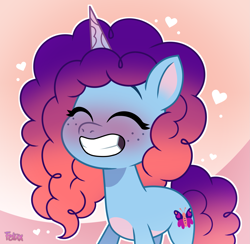 Size: 2041x1992 | Tagged: safe, artist:felux, misty brightdawn, pony, unicorn, g5, my little pony: tell your tale, blushing, cute, eyes closed, female, freckles, grin, horn, i can't believe it's not hasbro studios, mare, mistybetes, rebirth misty, show accurate, smiling, solo, tell your tale accurate