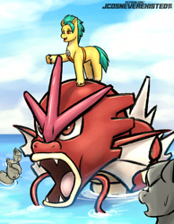 Size: 3169x4092 | Tagged: safe, artist:jcosneverexisted, hitch trailblazer, earth pony, gyarados, pony, g5, male, open mouth, open smile, outdoors, partially submerged, pokémon, raised hoof, sharp teeth, shiny pokémon, smiling, stallion, tail, teeth, unshorn fetlocks, water