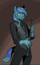 Size: 821x1324 | Tagged: safe, artist:double-zr-tap, oc, oc only, oc:rocky blues, anthro, clothes, commissioner:legionofblues, musical instrument, necktie, oboe, solo, vest