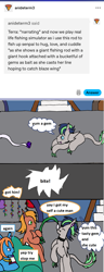 Size: 1061x2772 | Tagged: safe, artist:ask-luciavampire, oc, oc only, oc:blaze wing, oc:charm rose, oc:terra, dracony, dragon, earth pony, hybrid, pony, ask, behaving like a cat, fishing rod, gem, tumblr, tumblr:ask-starlight-gamersponys-club