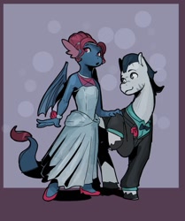 Size: 1146x1374 | Tagged: safe, artist:double-zr-tap, oc, oc:louie hooferson, oc:milady, dragon, earth pony, hybrid, zebra, clothes, commissioner:legionofblues, couple, dress, duo, earth pony oc, female, high heels, hybrid oc, male, oc x oc, passepartout, shipping, shoes, tuxedo, wings, zebra oc