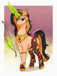 Size: 1536x2048 | Tagged: safe, artist:theuser, oc, oc only, oc:princess kirana, unicorn, arrow, bow (weapon), bow and arrow, clothes, horn, jewelry, magic, passepartout, regalia, socks, solo, telekinesis, unicorn oc, weapon