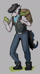 Size: 1116x2042 | Tagged: safe, artist:double-zr-tap, oc, oc only, oc:louie hooferson, zebra, anthro, bandana, commissioner:legionofblues, cowboy hat, farmer, food, hat, pear, solo, zebra oc