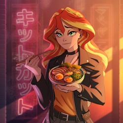 Size: 2000x2000 | Tagged: safe, artist:styarema, sunset shimmer, human, equestria girls, g4, choker, clothes, ear piercing, earring, food, jacket, jewelry, necklace, noodles, piercing, ramen, solo