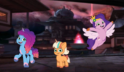 Size: 1843x1079 | Tagged: safe, artist:caseyben887, artist:prixy05, misty brightdawn, peach fizz, pipp petals, pegasus, pony, unicorn, g5, my little pony: tell your tale, bow, coat markings, cute, female, flying, grin, horn, looking at you, mare, mistybetes, open mouth, outdoors, pale belly, pippsqueaks, rebirth misty, shadow fight 3, smiling, smiling at you, socks (coat markings), tail, tail bow