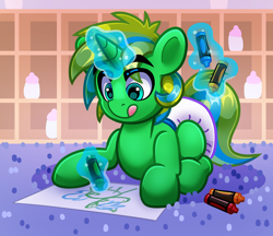 Size: 4000x3457 | Tagged: safe, artist:duckie, oc, oc only, oc:stargriefer, pony, unicorn, baby, baby bottle, baby pony, colt, crayon, crayon drawing, daycare, diaper, eyebrows, eyebrows visible through hair, foal, horn, indoors, levitation, lying down, lying on the ground, magic, magic aura, male, on ground, solo, telekinesis, traditional art