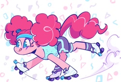 Size: 680x460 | Tagged: safe, artist:raehanim, pinkie pie, earth pony, pony, afro puffs, alternate hairstyle, clothes, costume, cute, diapinkes, nightmare night costume, pinkie puffs, roller skates, skates, smiling, solo, tongue out