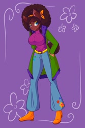 Size: 1365x2048 | Tagged: safe, artist:mscolorsplash, oc, oc only, oc:cosmic brownie, earth pony, anthro, plantigrade anthro, 70s, afro, bald face, beads, belt, big breasts, blaze (coat marking), boots, bow, breasts, busty oc, clothes, coat markings, cute, denim, dreadlocks, ear markings, eyebrows, eyebrows visible through hair, eyeliner, facial markings, female, flower, hairband, heterochromia, jeans, looking at you, makeup, open mouth, overcoat, pants, purple background, shoes, short tail, simple background, sweater, tail, turtleneck, turtleneck sweater, vintage