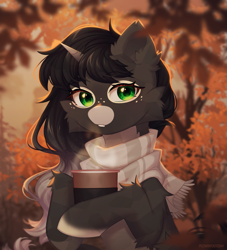 Size: 1819x2000 | Tagged: safe, artist:floweryoutoday, oc, oc only, oc:obsidian limelight, crystal pony, unicorn, autumn, clothes, coffee, green eyes, horn, looking at you, outdoors, scarf, solo, striped scarf