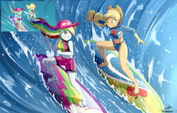 Size: 3034x1934 | Tagged: safe, artist:the-butch-x, screencap, applejack, rainbow dash, human, series:butch's frame redrawn, blue crushed, equestria girls, g4, my little pony equestria girls: better together, applejack's beach shorts swimsuit, applejack's hat, bangs, barefoot, belly, belly button, breasts, busty applejack, busty rainbow dash, cap, clothes, cowboy hat, cutie mark on clothes, duo, duo female, feet, female, freckles, geode of super speed, geode of super strength, hat, legs, looking at each other, magical geodes, midriff, ocean, outdoors, rainbow dash's beach shorts swimsuit, redraw, scene interpretation, screencap reference, shorts, smiling, surfboard, surfing, thunderbolt, toes, tomboy, water, wave, windswept hair