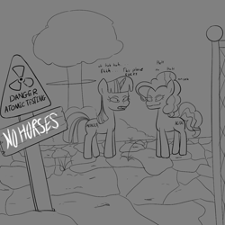 Size: 1155x1155 | Tagged: safe, artist:anonymous, pinkie pie, twilight sparkle, earth pony, pony, unicorn, g4, beavis, beavis and butthead, butthead, danger zone, drawthread, duo, duo female, duochrome, female, fuck the police, gray background, horn, lineart, mare, not pinkie pie, not twilight sparkle, nuclear explosion, nuclear symbol, outdoors, ponified, ponified animal photo, ponified horse photo, requested art, simple background, trespassing