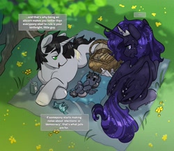 Size: 2400x2084 | Tagged: safe, artist:opalacorn, oc, oc only, oc:princess astri, oc:silver star (horizonverse), alicorn, pony, unicorn, ..., baby, baby bottle, baby pony, basket, birthmark, bottle, colt, commission, dialogue, family, female, foal, food, horn, juice, juice box, male, mare, oc x oc, outdoors, overhead view, picnic basket, picnic blanket, sandwich, shipping, speech bubble, stallion, straight, trio, wings