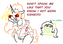 Size: 543x378 | Tagged: safe, artist:jargon scott, oc, oc only, oc:anon-mare, oc:dyx, alicorn, earth pony, pony, bipedal, clothes, covering, covering crotch, dialogue, duo, duo female, eyes closed, female, implied pissing, jacket, laughing, mare, older, older dyx, open mouth, pointing, simple background, white background, wide hips