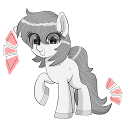 Size: 2067x2000 | Tagged: safe, artist:scandianon, oc, oc only, unnamed oc, earth pony, pony, earth pony oc, emanata, eye clipping through hair, eyelashes, female, gray eyes, gray hooves, gray mane, gray tail, grayscale, grey tail, grin, happy, looking at you, mare, monochrome, raised hoof, simple background, smiling, smiling at you, solo, standing on three hooves, teeth, white background, white coat