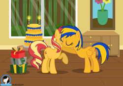 Size: 11886x8267 | Tagged: safe, artist:creedyboy124, sunset shimmer, oc, oc:flare spark, pegasus, pony, unicorn, g4, birthday, birthday gift, cake, canon x oc, duo, duo female, eyes closed, female, folded wings, food, horn, indoors, kissing, lesbian, mare, painting, pegasus oc, present, ship:flareset, shipping, signature, table, window, wings