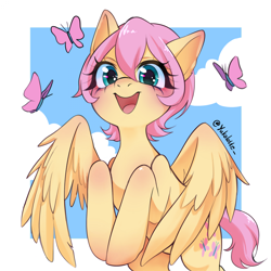 Size: 1920x1920 | Tagged: safe, artist:yukolatte, fluttershy, butterfly, pegasus, pony, g4, alternate hairstyle, blushing, cute, daaaaaaaaaaaw, ear blush, female, looking at you, mare, open mouth, open smile, partially open wings, passepartout, rearing, short hair fluttershy, short mane, shyabetes, signature, sky background, smiling, smiling at you, solo, three quarter view, wings