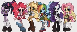 Size: 2048x851 | Tagged: safe, artist:jwnn_, applejack, fluttershy, pinkie pie, rainbow dash, rarity, sci-twi, twilight sparkle, equestria girls, g4, applejack's hat, bandaid, belt, big eyes, blonde hair, blouse, blue eyes, blue eyeshadow, blue hair, book, book of harmony, boots, bracelet, cardigan, clothes, collared shirt, colored sclera, cowboy hat, cupcake, curly hair, cutie mark accessory, cutie mark hair accessory, denim, denim shorts, dress, ears, evening gloves, exposed belly, eye clipping through hair, eyebrows, eyebrows visible through hair, eyeshadow, female, fingerless elbow gloves, fingerless gloves, food, freckles, frown, gloves, gray sclera, green eyes, group, hair accessory, hair bun, hair tie, hat, holding, horn, humane five, humane six, jacket, jewelry, knee high boots, leather, leather belt, leather boots, leg warmers, light skin, long arms, long gloves, long hair, long horn, long sleeved shirt, long sleeves, looking at you, makeup, midriff, miniskirt, narrowed eyes, open mouth, orange skin, pegasus wings, pink eyes, pink eyeshadow, pink hair, pink skin, pink skirt, pleated skirt, ponied up, ponytail, purple eyes, purple hair, purple skin, purple skirt, purse, raised arm, ringlets, sextet, shirt, shoes, shorts, simple background, skirt, slender, sneakers, spread wings, square glasses, standing, stetson, strawberry, tank top, thick glasses, thin, thin arms, thin legs, three toned hair, tied hair, track jacket, unicorn horn, wall of tags, white background, wings