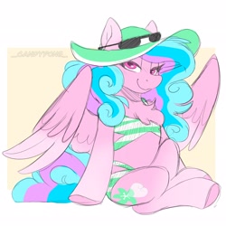 Size: 2048x2048 | Tagged: safe, artist:_candypone_, oc, oc only, oc:lillith, pegasus, pony, bikini, chest fluff, clothes, colored wings, female, hat, mare, multicolored hair, multicolored wings, passepartout, pegasus oc, smiling, solo, sunglasses, swimsuit, wings