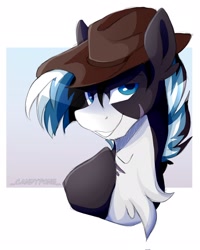 Size: 1638x2048 | Tagged: safe, artist:_candypone_, oc, oc only, oc:squall windfeather, pegasus, pony, bust, cowboy hat, hat, male, multicolored hair, passepartout, pegasus oc, portrait, smiling, solo, stallion