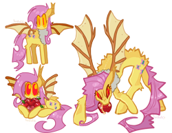 Size: 1650x1275 | Tagged: safe, alternate version, artist:koidial, fluttershy, bat pony, pony, g4, alternate design, apple, back fluff, bat ponified, big ears, big eyes, body fluff, brown eyelashes, brown wings, butt fluff, chest fluff, colored, colored chest fluff, colored lineart, colored pupils, colored sclera, colored wings, concave belly, cute, eye clipping through hair, eyelashes, female, flat colors, flutterbat, food, frown, hoard, hock fluff, hunched over, long mane, long tail, lying down, mare, multiple angles, narrowed eyes, no catchlights, no mouth, no pupils, pink mane, pink tail, prone, race swap, red eyes, requested art, shiny eyelashes, shiny mane, shiny tail, shyabetes, signature, simple background, sitting, solo, spiky mane, spiky tail, spread wings, standing, tail, transparent background, two toned wings, wing markings, wings, yellow coat, yellow pupils