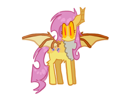 Size: 1650x1275 | Tagged: safe, alternate version, artist:koidial, fluttershy, bat pony, pony, g4, alternate design, bat ponified, big ears, big eyes, body fluff, brown wings, butt fluff, chest fluff, colored, colored chest fluff, colored lineart, colored sclera, colored wings, eye clipping through hair, eyelashes, female, flat colors, flutterbat, hock fluff, mare, no catchlights, no mouth, no pupils, pink mane, pink tail, race swap, red eyes, requested art, shiny mane, shiny tail, signature, simple background, solo, spread wings, standing, tail, transparent background, two toned wings, wings, yellow coat