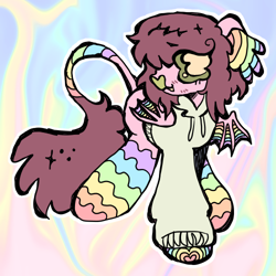 Size: 500x500 | Tagged: safe, artist:larvaecandy, oc, oc only, oc:batty mcbatterson, bat pony, pony, abstract background, bat nose, bat pony oc, brown mane, brown tail, bushy tail, clothes, coat markings, colored nose, colored pinnae, colored sclera, colored wings, curly eyelashes, doodle, eye clipping through hair, eyebrows, eyebrows visible through hair, eyelashes, facial hair, fangs, folded wings, gray hoodie, green eyes, green sclera, heart nose, hoodie, leonine tail, multicolored background, multicolored tail, multicolored wings, no pupils, nonbinary, nonbinary oc, one wing out, outline, ponysona, profile, rainbow ears, rainbow tail, rainbow wings, small wings, smiling, socks (coat markings), sparkly mane, sparkly tail, tail, tail markings, wingding eyes, wings