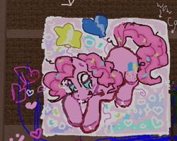 Size: 879x702 | Tagged: safe, artist:dddddaxie998839, pinkie pie, earth pony, pony, g4, 2022, balloon, blue eyes, confetti in mane, confetti in tail, eyelashes, female, floating heart, heart, lying down, mare, old art, open mouth, open smile, pink coat, pink mane, pink tail, prone, roblox, shiny eyes, smiling, sparkles, spray paint!, stars, tail