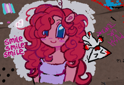 Size: 2048x1421 | Tagged: safe, artist:dddddaxie998839, pinkie pie, cat, earth pony, anthro, g4, big eyes, blood, blue eyes, blush sticker, blushing, clothes, colored pinnae, curly mane, eyelashes, female, femtanyl, long mane, looking at you, pink coat, pink mane, pink text, pride, pride flag, roblox, smile smile smile, smiling, smiling at you, spray paint!, tank top, transgender pride flag