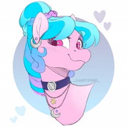 Size: 2048x2048 | Tagged: safe, artist:_candypone_, oc, oc only, oc:lillith, pegasus, pony, bust, choker, circle background, ear piercing, earring, heart, jewelry, necklace, pegasus oc, piercing, portrait, simple background