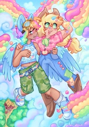 Size: 1445x2048 | Tagged: safe, artist:ibbledribble, applejack, big macintosh, rainbow dash, earth pony, human, pony, uk ponycon, g4, :3, apple, apple orchard, apple tree, applejack's hat, applejacked, arm around back, beanbrows, belt, big ears, blonde hair, blue wings, blush lines, blushing, boots, boxers, camouflage, cargo shorts, clothes, cloud, colored eyebrows, colored lineart, colored pinnae, cowboy boots, cowboy hat, crew socks, cute, cutie mark on clothes, dashabetes, day, denim, detailed background, duo, duo female, duo focus, eared humanization, eyebrows, eyelashes, female, female focus, flannel, flannel shirt, floating heart, flying, freckles, goggles, goggles on head, hair tie, hand on shoulder, hat, heart, height difference, holding, holding someone, humanized, jackabetes, jeans, lesbian, lidded eyes, light skin, long hair, looking at someone, multicolored hair, muscles, neckerchief, one wing out, open mouth, open smile, orchard, outdoors, pants, partially open wings, physique difference, pony ears, rainbow, rainbow hair, ship:appledash, shipping, shirt, shoes, short hair rainbow dash, shorts, smiling, smiling at someone, sneakers, socks, solo focus, starry eyes, stetson, sweet apple acres, sweet apple acres barn, swirly blush, tan skin, tank top, teeth, tied hair, tree, uk ponycon 2024, underwear, wall of tags, wingding eyes, winged humanization, wings