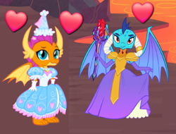 Size: 1367x1040 | Tagged: safe, artist:darlycatmake, artist:jhayarr23, artist:queencold, edit, princess ember, smolder, dragon, g4, beautiful, bloodstone scepter, clothes, cute, dress, duo, duo female, evening gloves, female, flower, flower in hair, froufrou glittery lacy outfit, gloves, gown, hat, heart, hennin, jewelry, lava, long gloves, looking at you, necklace, petticoat, ponerpics import, poofy shoulders, pretty, princess, princess smolder, puffy sleeves, smolder also dresses in style, smolderbetes, tiara