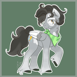 Size: 2048x2048 | Tagged: safe, artist:duckyia, oc, oc only, oc:grayhoof, pegasus, pony, bandana, brown eyes, curly hair, curly mane, curly tail, ear fluff, folded wings, gray coat, grey hair, lightning, passepartout, raised hoof, solo, tail, wings