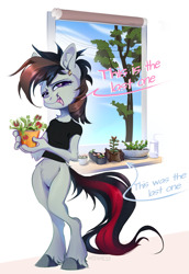 Size: 1983x2876 | Tagged: safe, artist:mithriss, oc, oc only, oc:#, earth pony, anthro, unguligrade anthro, accessory, chest fluff, clothes, ear piercing, earring, female, jewelry, mare, piercing, plant, shirt, solo, t-shirt, text, unshorn fetlocks, window